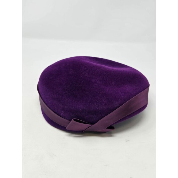 VINTAGE EVA MAE MODES PURPLE VELOUR PILLBOX HAT CAP MCM 50S RIBBON BOW WOMEN OS - Picture 7 of 10